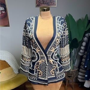 Elegant Navy and Cream Embellished Blazer